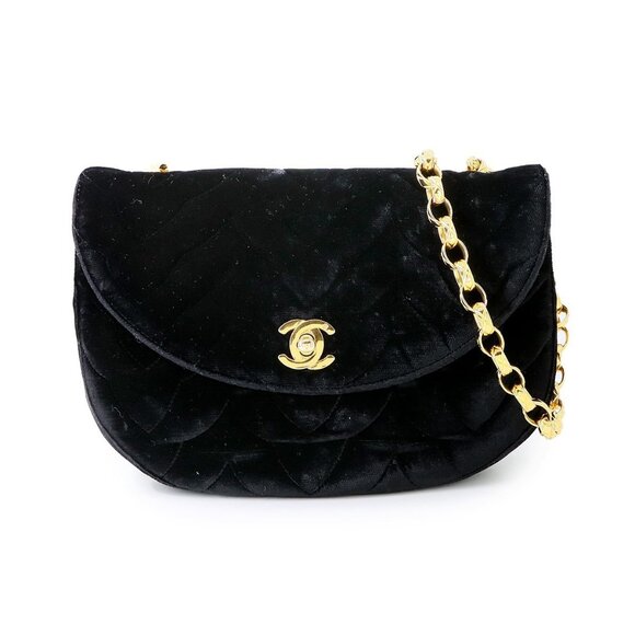 CHANEL Half Moon Bijou Chain Shoulder Bag Velor Black Vintage Purse 90269408 - Picture 1 of 11